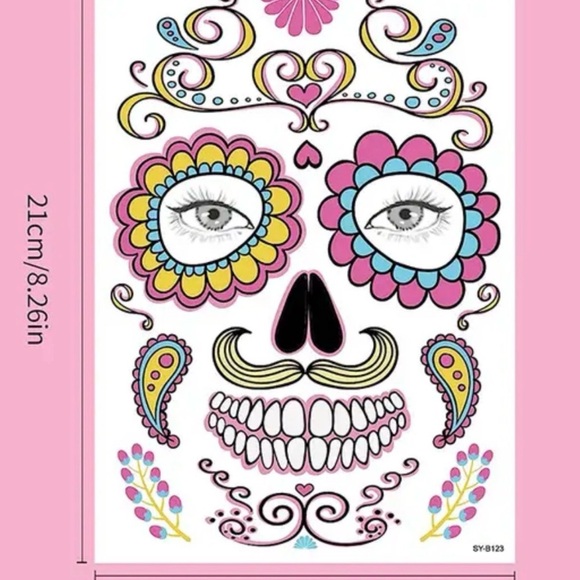 Sugar Skull Day of Dead Temporary Face Tattoos Set of 9 Realistic Waterproof. - Picture 3 of 12